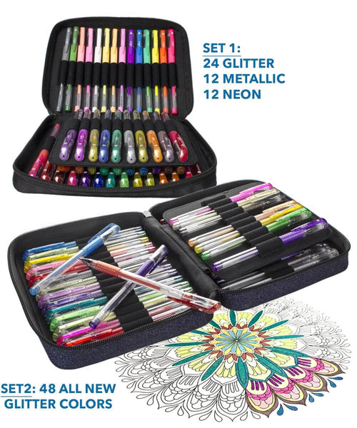 ColorIt Gel Pens for Adult Coloring Books - Premium Ink Gel Pens Set with Case Includes 48 Artist Quality Coloring Pens 24 Glitter