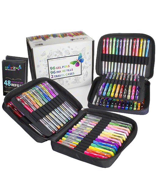 Gel Pen Combination Pack - 96 Gel Pens, 96 Ink Refills, 2 Travel Cases
