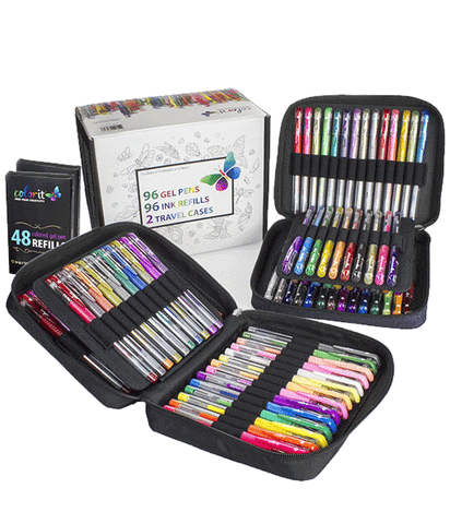 Gel Pen Combination Pack - 96 Gel Pens, 96 Ink Refills, 2 Travel Cases