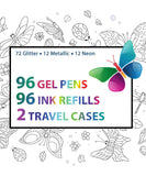 Gel Pen Combination Pack - 96 Gel Pens, 96 Ink Refills, 2 Travel Cases