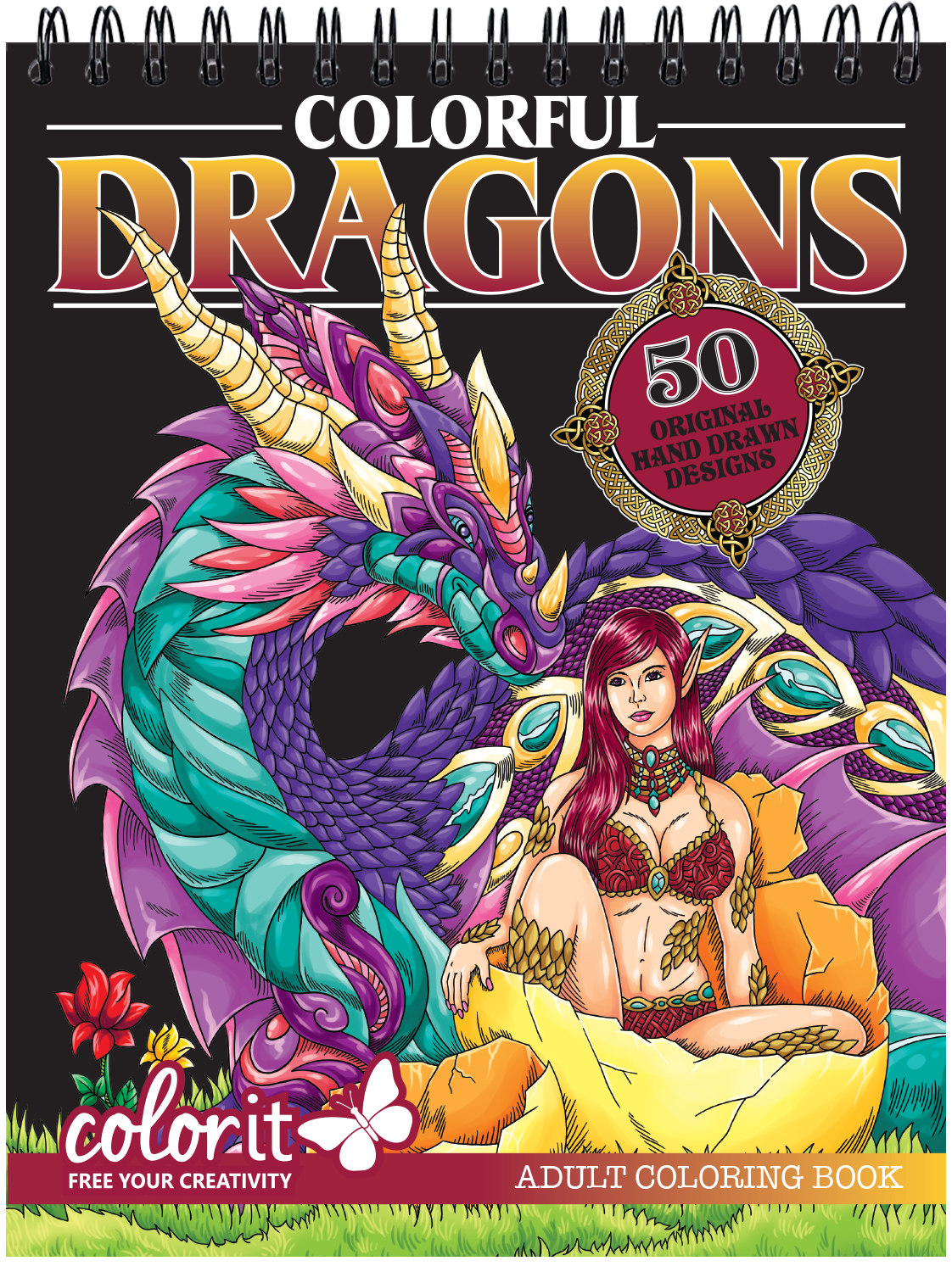 ColorIt Colorful Dragons Adult Coloring Book - 50 Single-Sided Designs, Thick Smooth Paper, Lay Flat Hardback Covers, Spiral