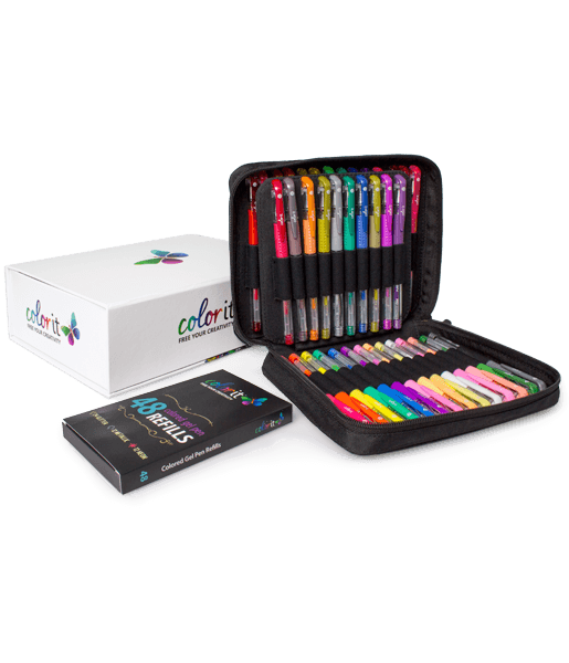 48 Colored Gel Pen Set, 48 Ink Refills, Travel Case &amp; Gift Box