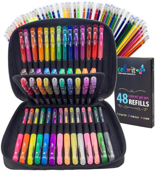 ColorIt 96 Gel Pens for Adult Coloring Books - 2 Travel Case Gel Pen Sets with 72 Glitter, 12 Metallic, 12 Neon Plus 96 Matching Colored Gel Ink