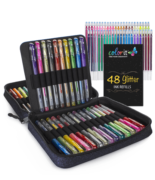 ColorIt 96 Gel Pens for Adult Coloring Books - 2 Travel Case Gel Pen Sets with 72 Glitter, 12 Metallic, 12 Neon Plus 96 Matching Colored Gel Ink