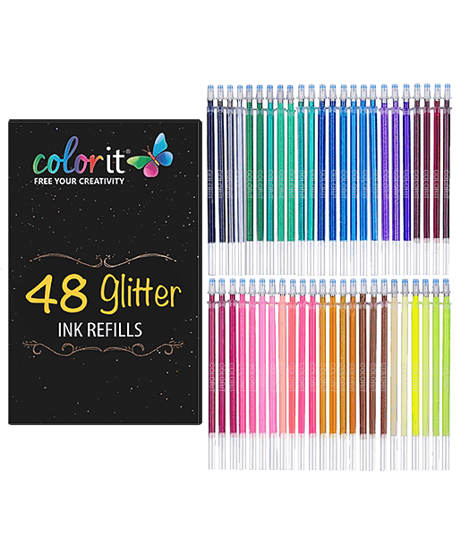ColorIt 48 Glitter Color Ink Refills - Easy to Replace Cartridges for Glitter Gel Pen Set