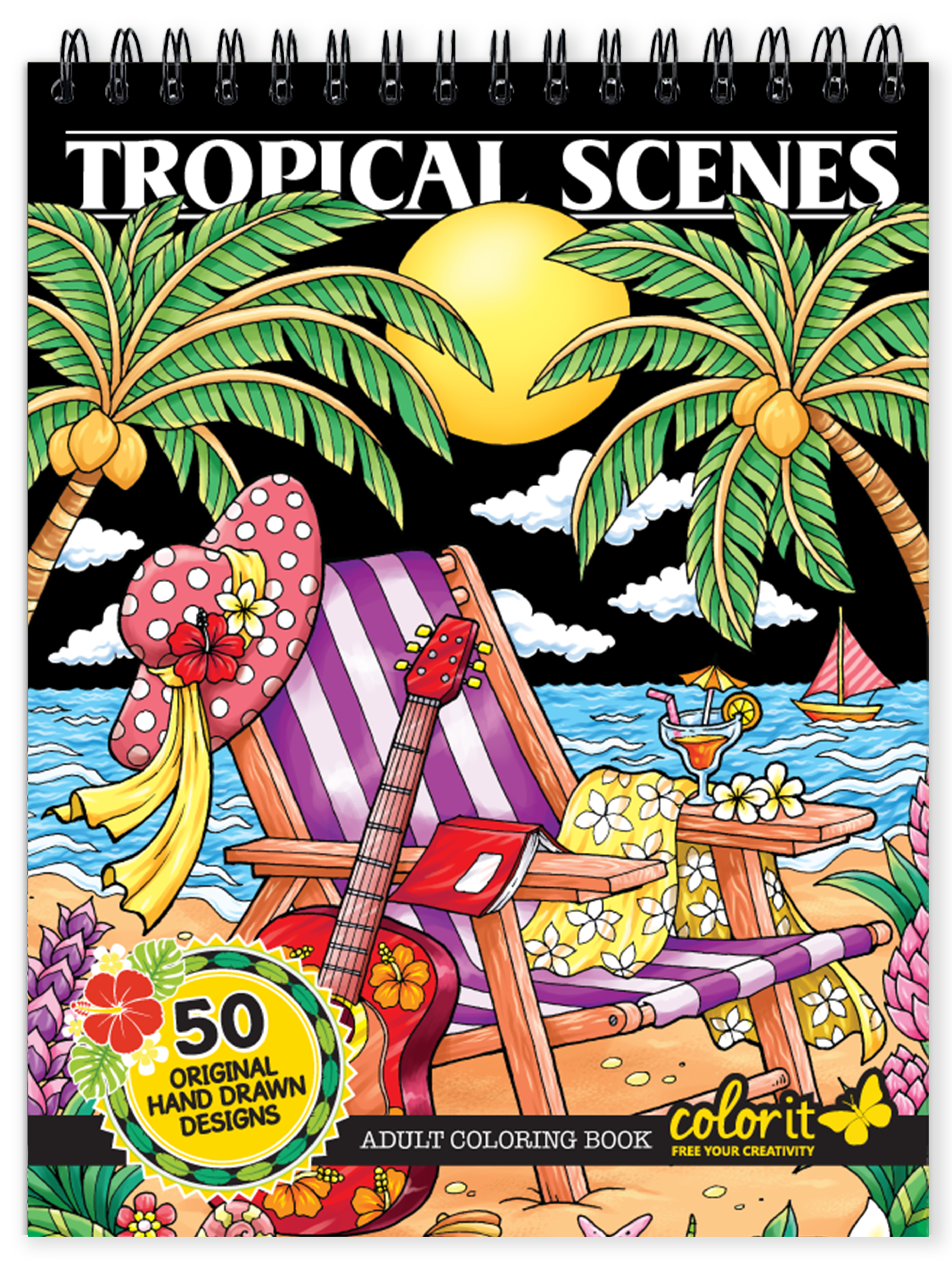 ColorIt Colorful Tropical Scenes Adult Coloring Book - 50 Single-Sided Designs, Thick Smooth Paper, Lay Flat Hardback Covers, Spiral Bound, USA