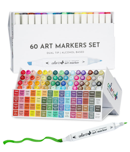 ColorIt 60 Dual Tip Art Markers Set for Coloring - Double Sided Artist Alcohol Permanent Markers with Bullet and Chisel Tip