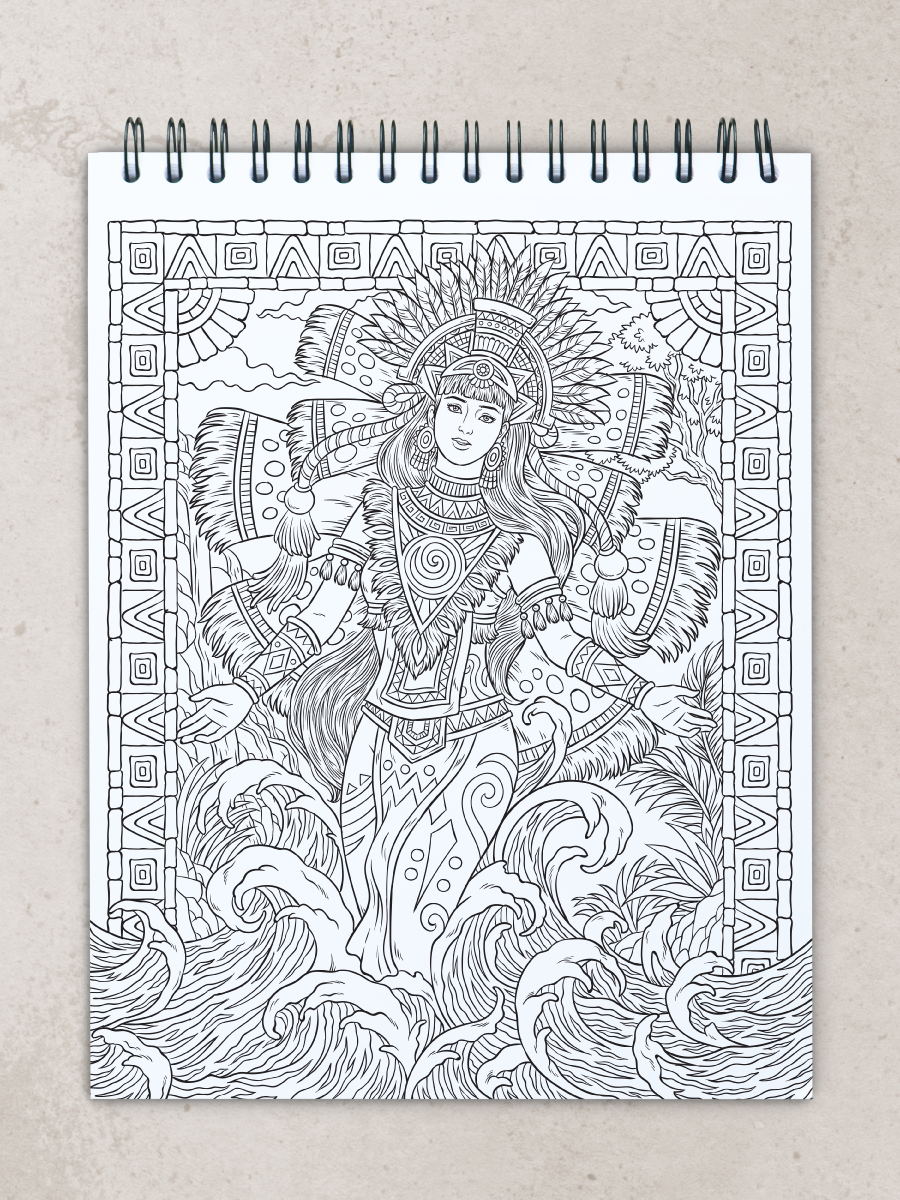 colorit goddesses adult coloring book, aztec goddess, chalchiuhtlicue