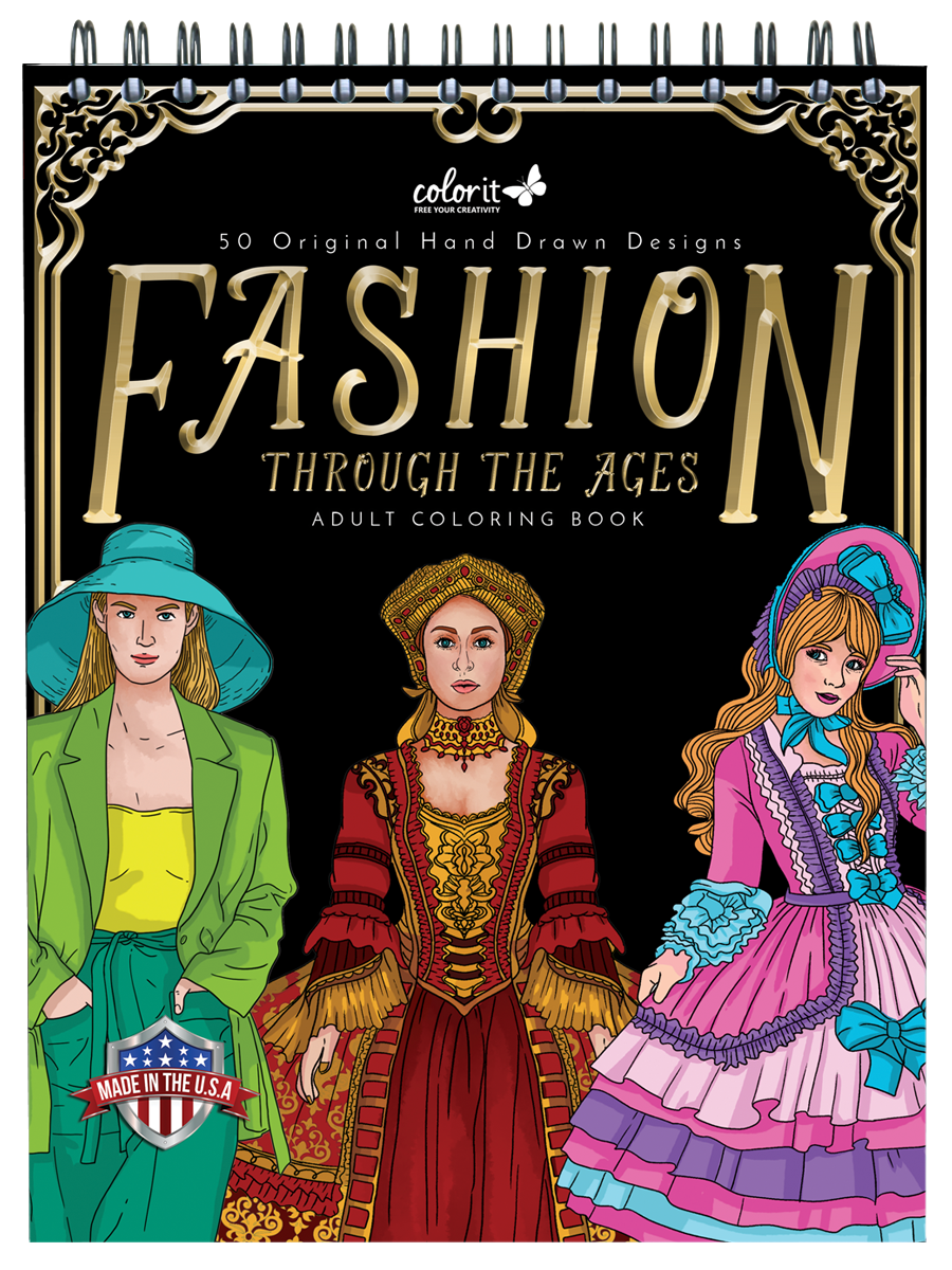 ColorIt Fashion Through The Ages Adult Coloring Book - 50 Single-Sided Designs, Thick Smooth Paper, Lay Flat Hardback Covers, Spiral Bound, USA