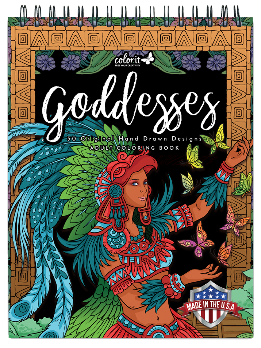 colorit goddesses adult coloring book, front cover, aztec goddess, xochiquetzal