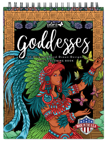 colorit goddesses adult coloring book, front cover, aztec goddess, xochiquetzal
