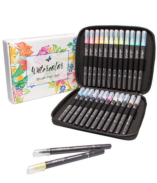 ColorIt Refillable Watercolor Brush Pens Set - 24 Colors with Flexible Real